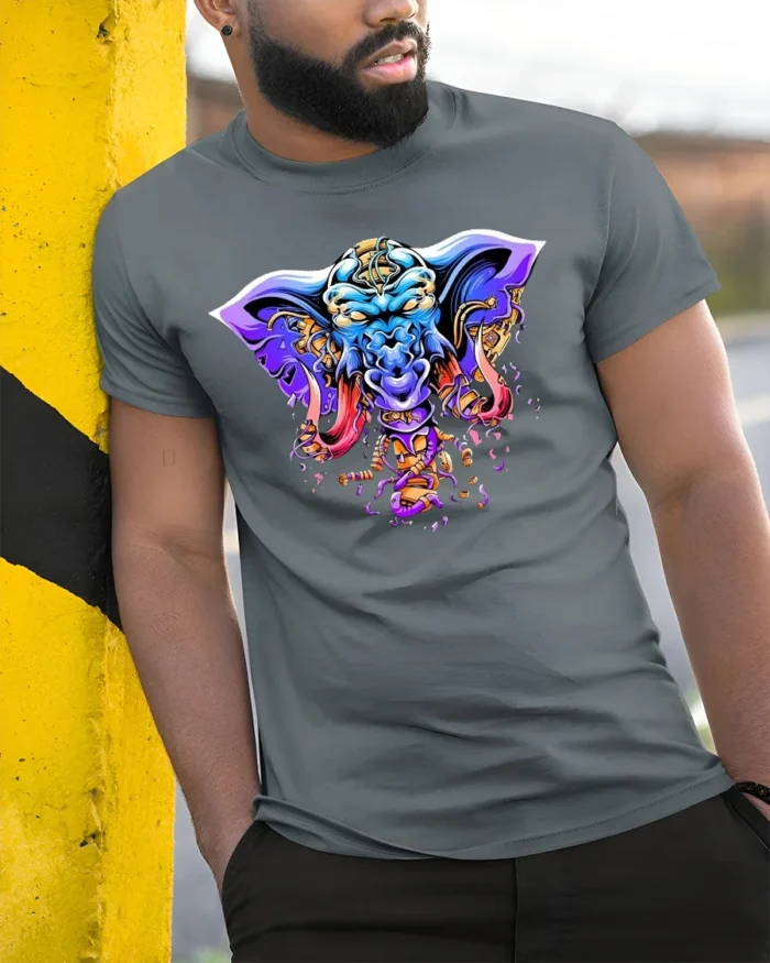 Tribal Elephant Warrior T-Shirt  Bold Psychedelic Graphic Fantasy Animal Tee - model in grey shirt leaning against column