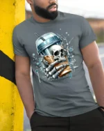 Skeleton Iced Coffee T-Shirt Bold Gothic Style Tee for Caffeine and Skull Lovers - model in grey shirt leaning against column
