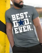 Best Dad Ever T-Shirt Bold Star Design Tee for Father’s Day and Sports Fans - model in grey shirt leaning against column