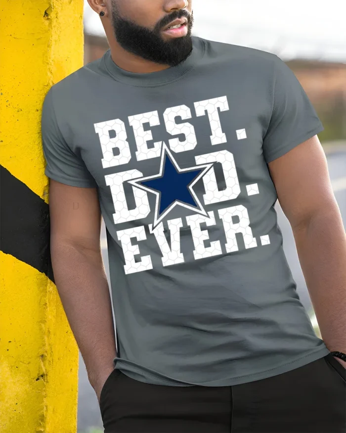 Best Dad Ever T-Shirt Bold Star Design Tee for Father’s Day and Sports Fans - model in grey shirt leaning against column