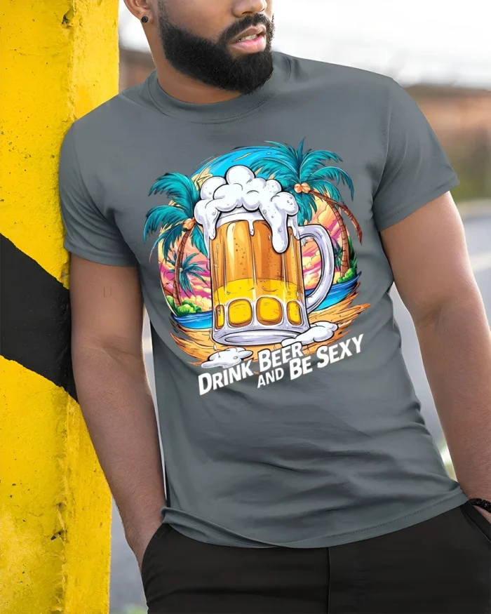 Drink Beer and Be Sexy T-Shirt Funny Tropical Beach Summer Party Tee - model in grey shirt leaning against column