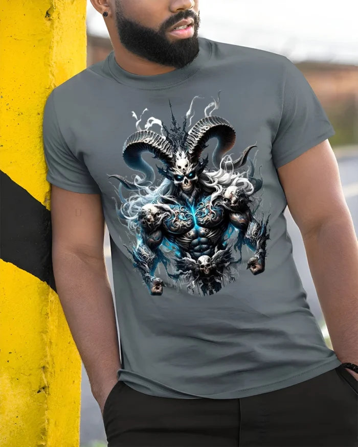 Epic Demon Lord T-Shirt Badass Skull Warrior Tee with Horns and Flames - model in grey shirt leaning against column
