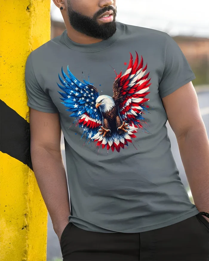 Freedom Eagle T-Shirt  American Flag Wings Graphic Tee for Proud Patriots - model in grey shirt leaning against column