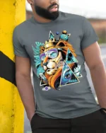 Psychedelic Lion T-Shirt Cool Summer King Graphic Tee with Sunglasses and Crown - model in grey shirt leaning against column