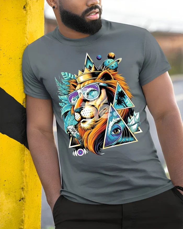 Psychedelic Lion T-Shirt Cool Summer King Graphic Tee with Sunglasses and Crown - model in grey shirt leaning against column