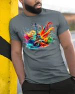 Paris Eiffel Tower T-Shirt Color Splash Artistic Tee for Travel Lovers and Dreamers - model in grey shirt leaning against column