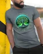 Cyber Nature Tree T-Shirt High Tech Botanical Graphic Tee for Eco Enthusiasts - model in grey shirt leaning against column
