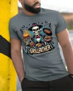 Grillfather BBQ T-Shirt for Dad Funny Skull Grill Master Tee for Father’s Day - model in grey shirt leaning against column