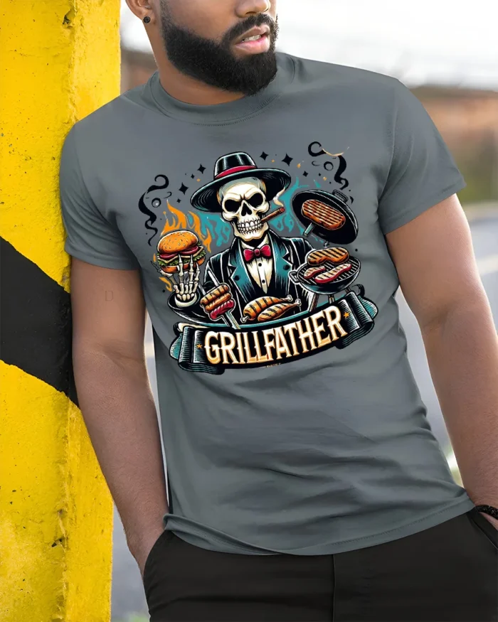 Grillfather BBQ T-Shirt for Dad Funny Skull Grill Master Tee for Father’s Day - model in grey shirt leaning against column