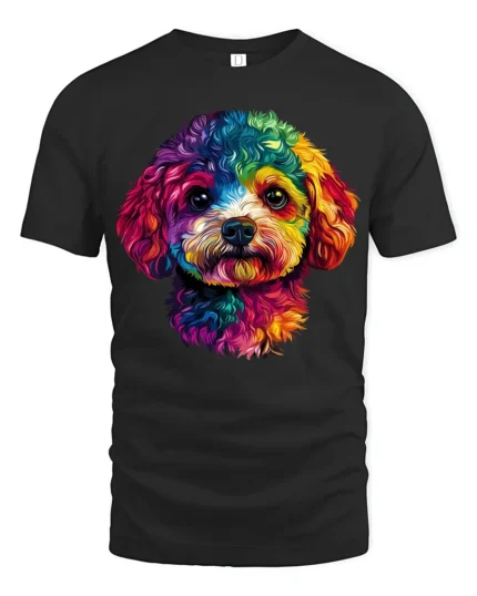 Colorful Puppy Face T-Shirt  Artistic Dog Graphic Tee for Animal Lovers USA - black t-shirt on white background