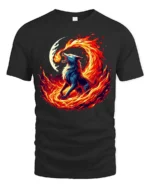 Fire Wolf T-Shirt Fierce Flame Howl Tee with Moon and Burning Energy Art - black t-shirt on white background