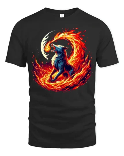 Fire Wolf T-Shirt Fierce Flame Howl Tee with Moon and Burning Energy Art - black t-shirt on white background