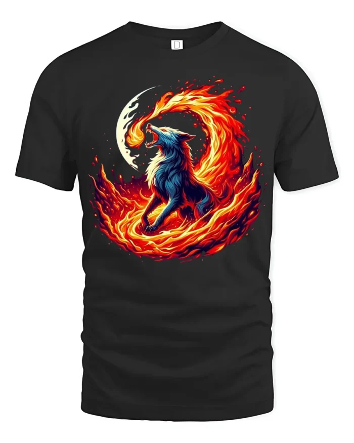 Fire Wolf T-Shirt Fierce Flame Howl Tee with Moon and Burning Energy Art - black t-shirt on white background