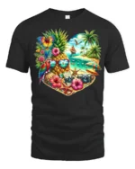 Tropical Heart Beach Summer Pineapple Parrot T-Shirt for Vacation Lovers - black t-shirt on white background