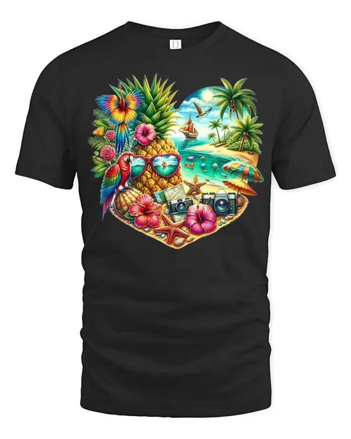 Tropical Heart Beach Summer Pineapple Parrot T-Shirt for Vacation Lovers - black t-shirt on white background