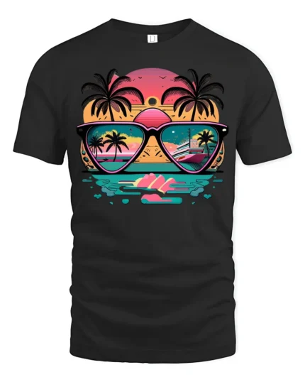 Sunset Reflection T-Shirt Retro Beach Sunglasses Graphic Tee for US Summer - black t-shirt on white background