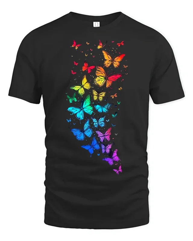 Rainbow Wings Colorful Flying Butterflies T-Shirt for Nature Fans - black t-shirt on white background