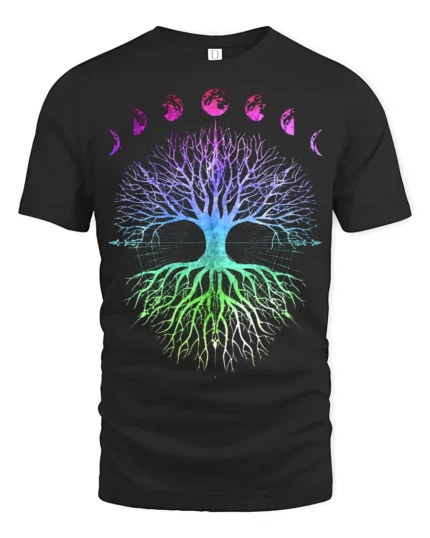 Celestial Chakra Tree - Gradient Moon Phases Tree of Life Yoga Zen T-Shirt - black t-shirt on white background