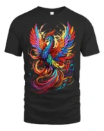 Colorful Phoenix Flight T-Shirt Vibrant Mythical Bird Graphic Tee for US Style - black t-shirt on white background