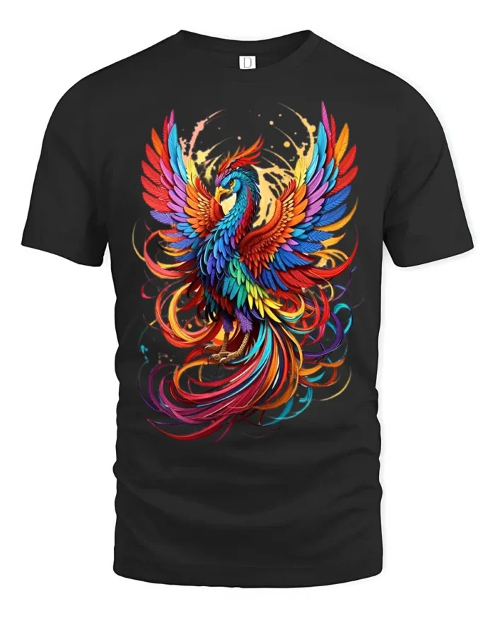 Colorful Phoenix Flight T-Shirt Vibrant Mythical Bird Graphic Tee for US Style - black t-shirt on white background