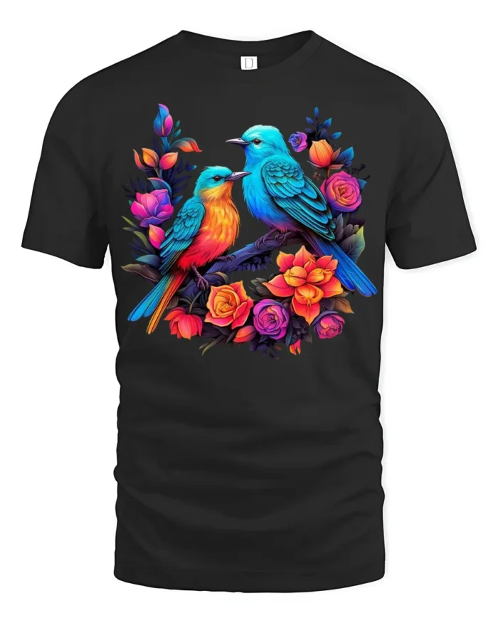 Garden Birds Serenade Vibrant Flowers Bird T-Shirt for Bird Watchers - black t-shirt on white background