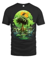 Verdant Island Dream Lush Green Tropical Ocean T-Shirt for Beach Fans - black t-shirt on white background