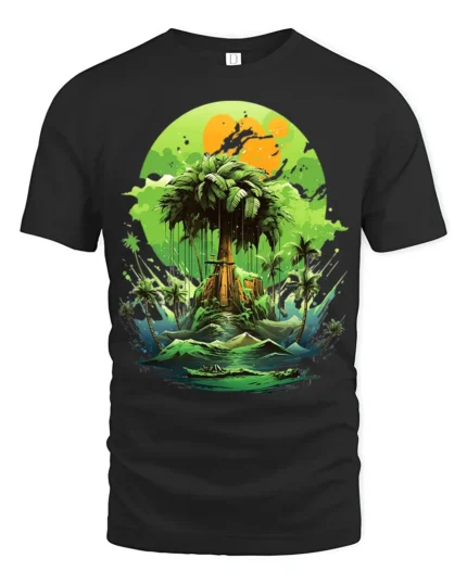 Verdant Island Dream Lush Green Tropical Ocean T-Shirt for Beach Fans - black t-shirt on white background