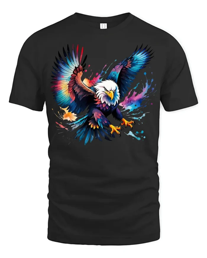 Bold Flying Eagle T-Shirt Vibrant American Symbol Tee in Artistic Design - black t-shirt on white background