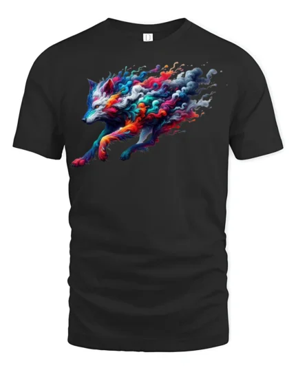 Colorful Wolf T-Shirt Artistic Running Wolf Tee with Fire and Smoke Swirl Design - black t-shirt on white background