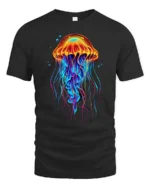 Neon Jellyfish T-Shirt Colorful Deep Sea Ocean Graphic Tee for Beach Lovers - black t-shirt on white background
