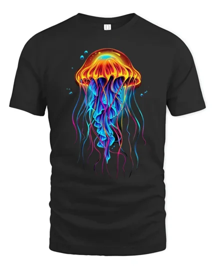 Neon Jellyfish T-Shirt Colorful Deep Sea Ocean Graphic Tee for Beach Lovers - black t-shirt on white background