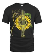 Sunflower Guitar T-Shirt Floral Musical Notes Tee for Music and Nature Lovers - black t-shirt on white background