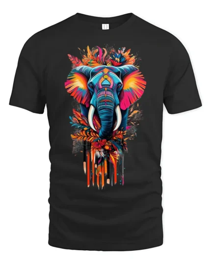 Colorful Elephant T-Shirt Tribal Wildlife Art Tee for Nature and Culture Lovers - black t-shirt on white background