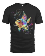 Colorful Fish T-Shirt  Artistic Ocean Life Tee with Rainbow Splash Design - black t-shirt on white background
