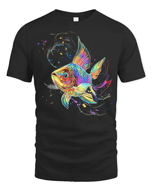 Colorful Fish T-Shirt  Artistic Ocean Life Tee with Rainbow Splash Design - black t-shirt on white background