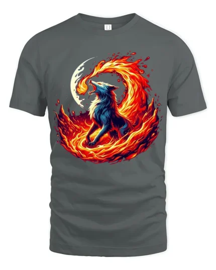 Fire Wolf T-Shirt Fierce Flame Howl Tee with Moon and Burning Energy Art - gray t-shirt on white background