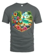 Tropical Heart Beach Summer Pineapple Parrot T-Shirt for Vacation Lovers - gray t-shirt on white background