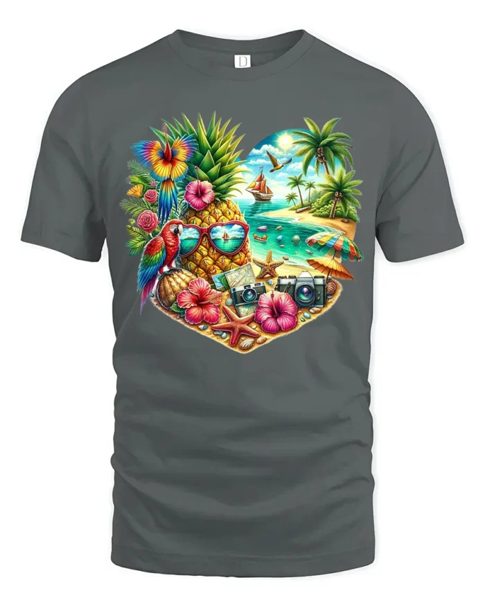 Tropical Heart Beach Summer Pineapple Parrot T-Shirt for Vacation Lovers - gray t-shirt on white background