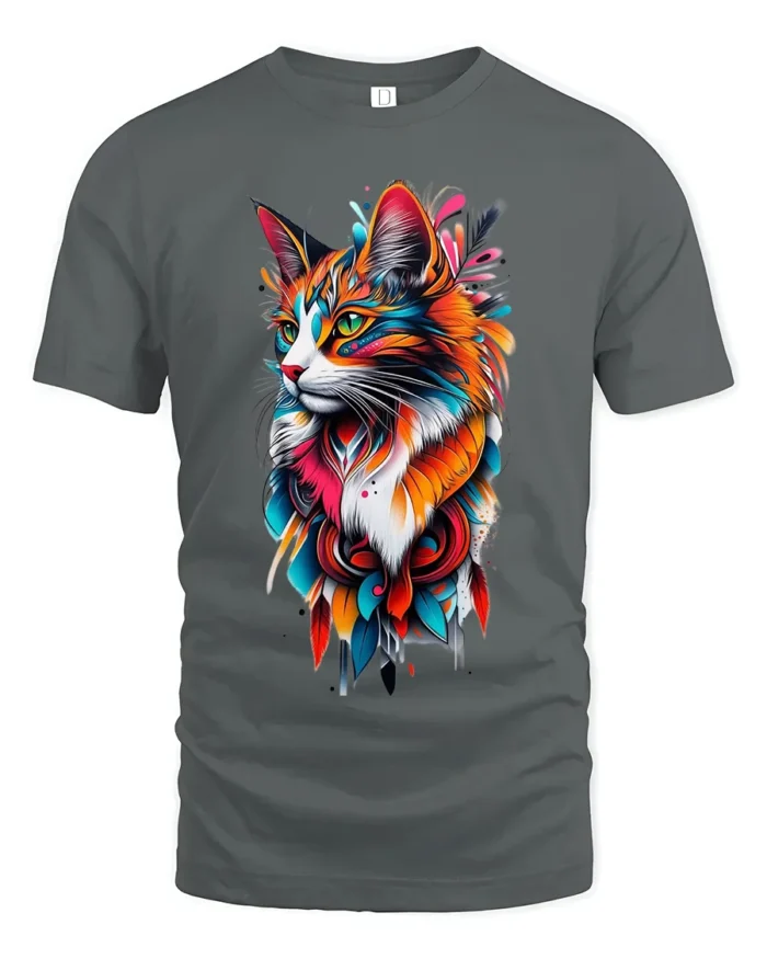 Vibrant Abstract Cat Colorful Artistic Kitten T-Shirt for Cat Lovers - gray t-shirt on white background