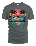 Sunset Reflection T-Shirt Retro Beach Sunglasses Graphic Tee for US Summer - gray t-shirt on white background