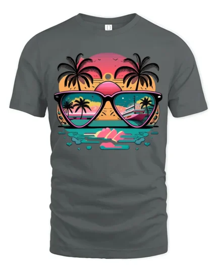 Sunset Reflection T-Shirt Retro Beach Sunglasses Graphic Tee for US Summer - gray t-shirt on white background