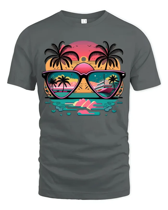Sunset Reflection T-Shirt Retro Beach Sunglasses Graphic Tee for US Summer - gray t-shirt on white background