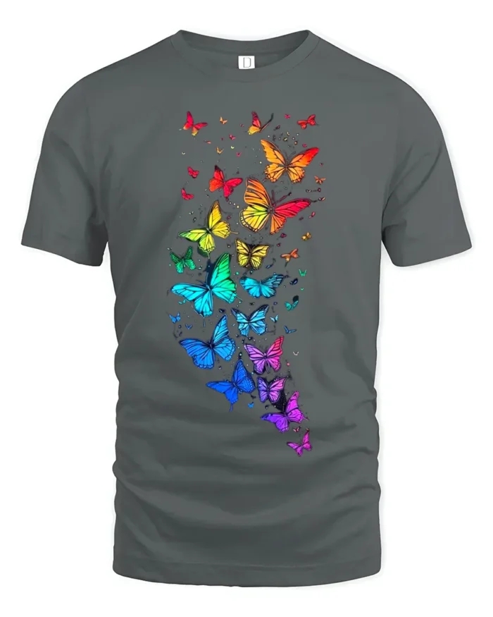 Rainbow Wings Colorful Flying Butterflies T-Shirt for Nature Fans - gray t-shirt on white background
