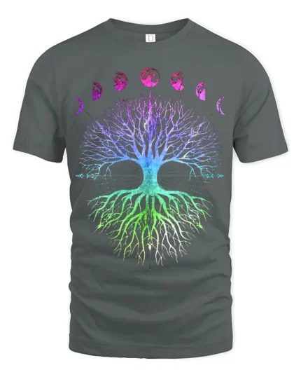 Celestial Chakra Tree - Gradient Moon Phases Tree of Life Yoga Zen T-Shirt - gray t-shirt on white background