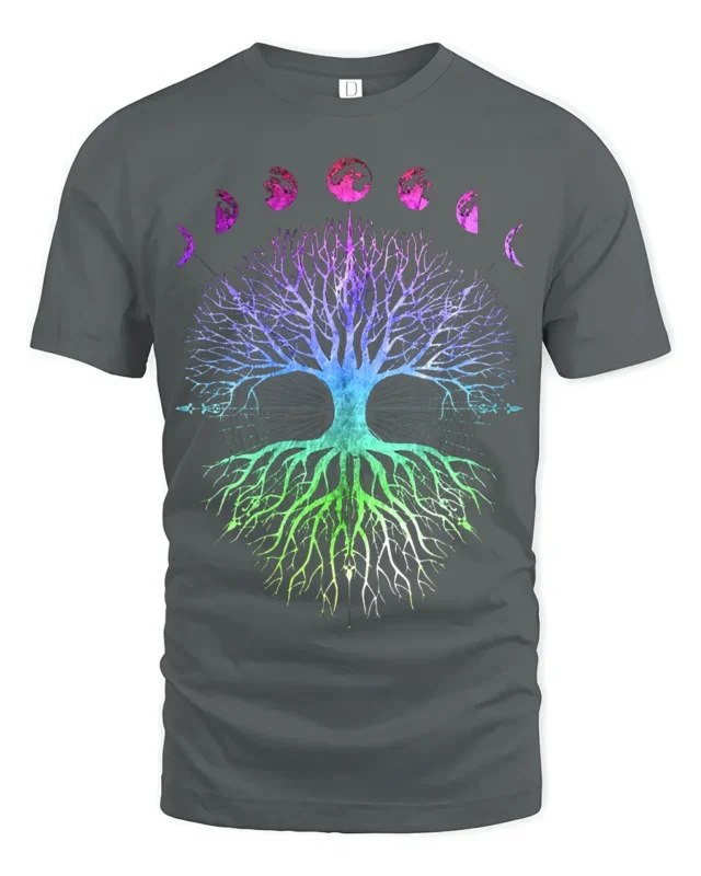 Celestial Chakra Tree - Gradient Moon Phases Tree of Life Yoga Zen T-Shirt - gray t-shirt on white background
