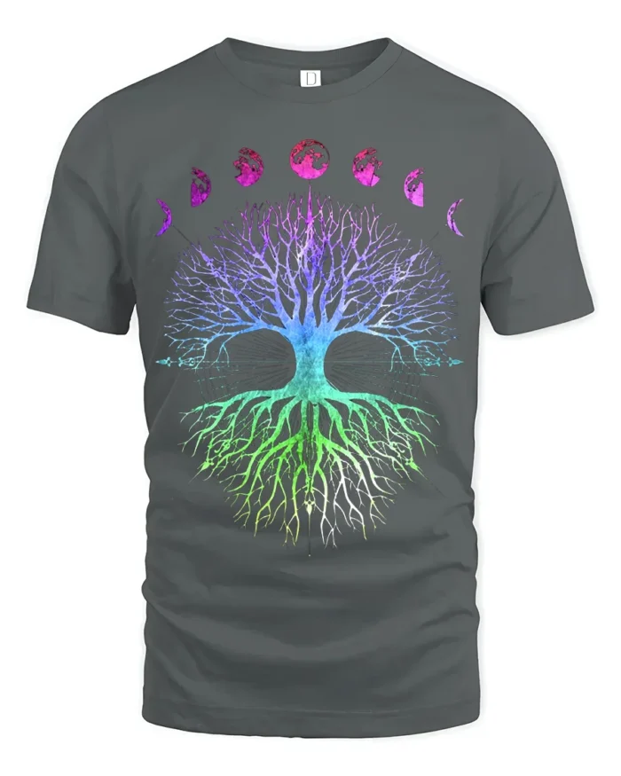 Celestial Chakra Tree - Gradient Moon Phases Tree of Life Yoga Zen T-Shirt - gray t-shirt on white background