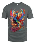 Colorful Phoenix Flight T-Shirt Vibrant Mythical Bird Graphic Tee for US Style - gray t-shirt on white background