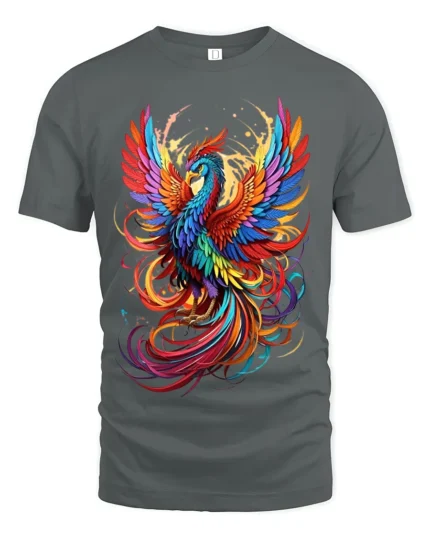Colorful Phoenix Flight T-Shirt Vibrant Mythical Bird Graphic Tee for US Style - gray t-shirt on white background