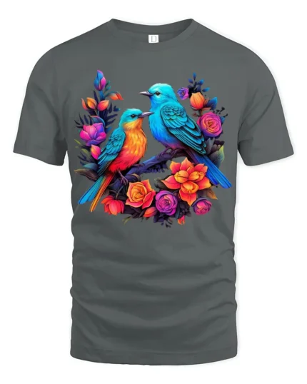 Garden Birds Serenade Vibrant Flowers Bird T-Shirt for Bird Watchers - gray t-shirt on white background