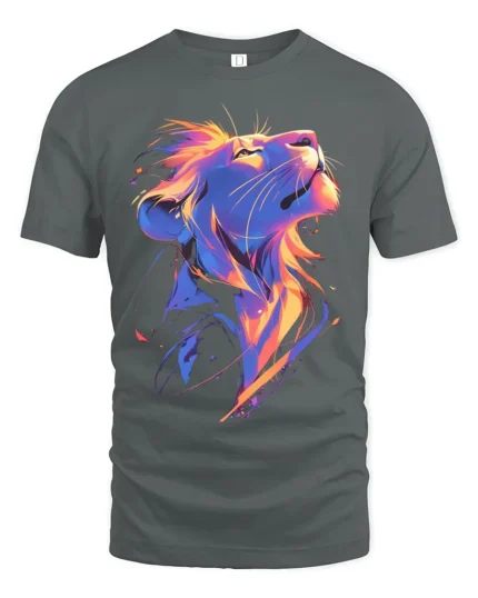 Colorful Lion Head T-Shirt Vibrant King of the Jungle Tee for Lion Lovers - gray t-shirt on white background